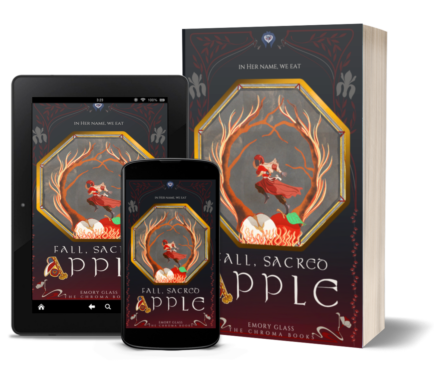 An image of the book cover for Fall, Sacred Apple on a tablet.