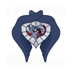 Two hands with fingertips pointing down holding a metallic heart