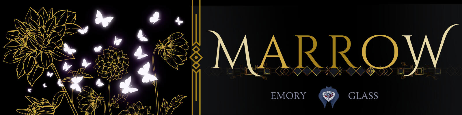A banner image teasing MARROW. It depicts golden dahlia flowers against a black background with purple butterflies floating amidst them.