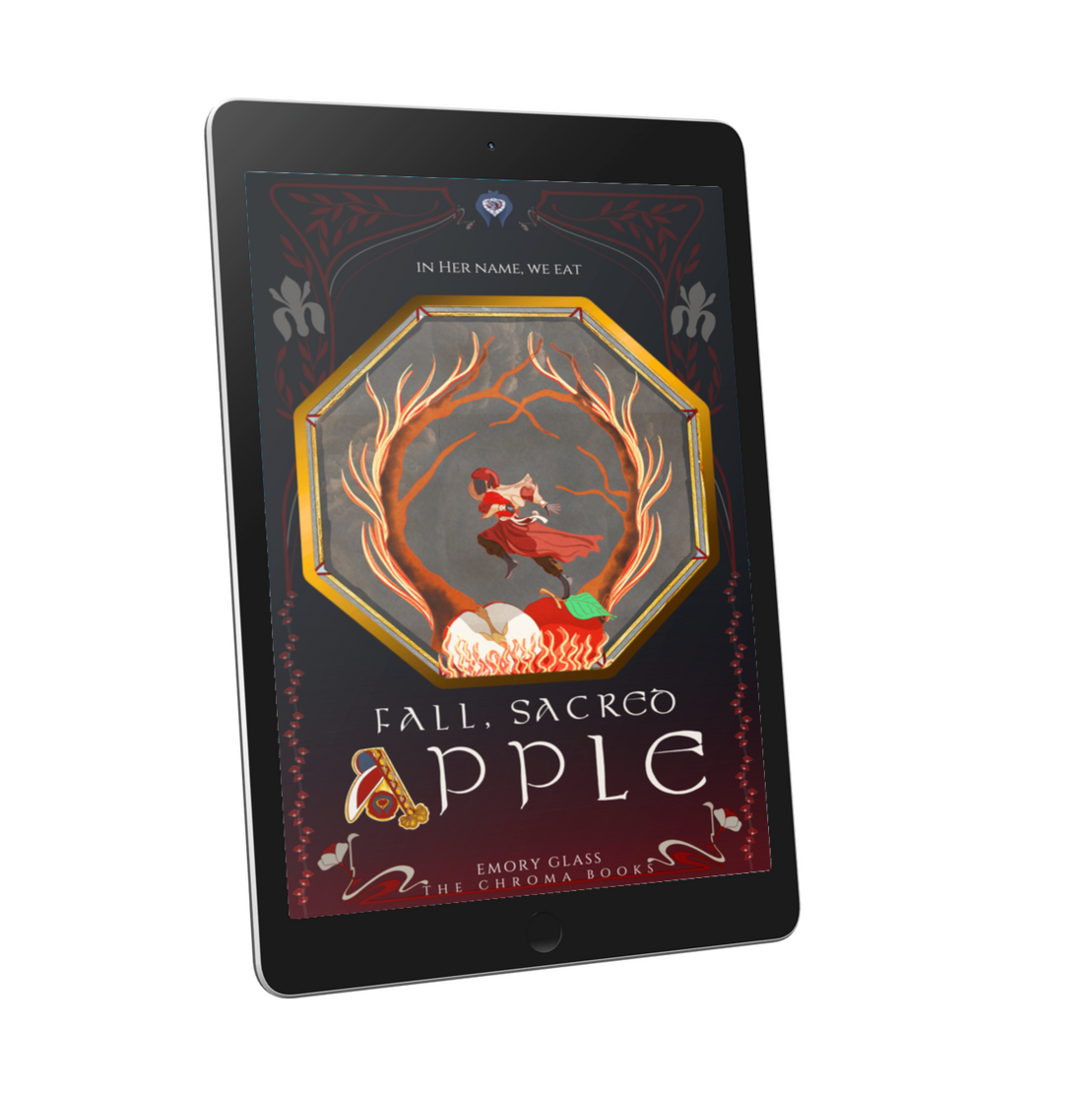 Image of woman (Emory Glass) wearing headscarf with wisps of red hair coming from underneath. Her scarf and dress are black.